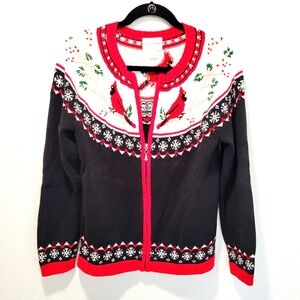 Croft & Barrow Womens Embroidered‎ Cardinal Zip-Up Sweater M Black